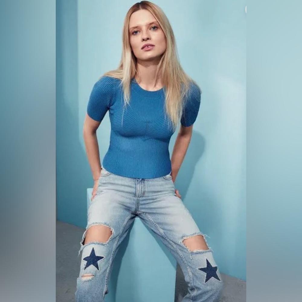 Authentic Sandro Paris Light Blue Monaco Star Patch High Rise Jeans